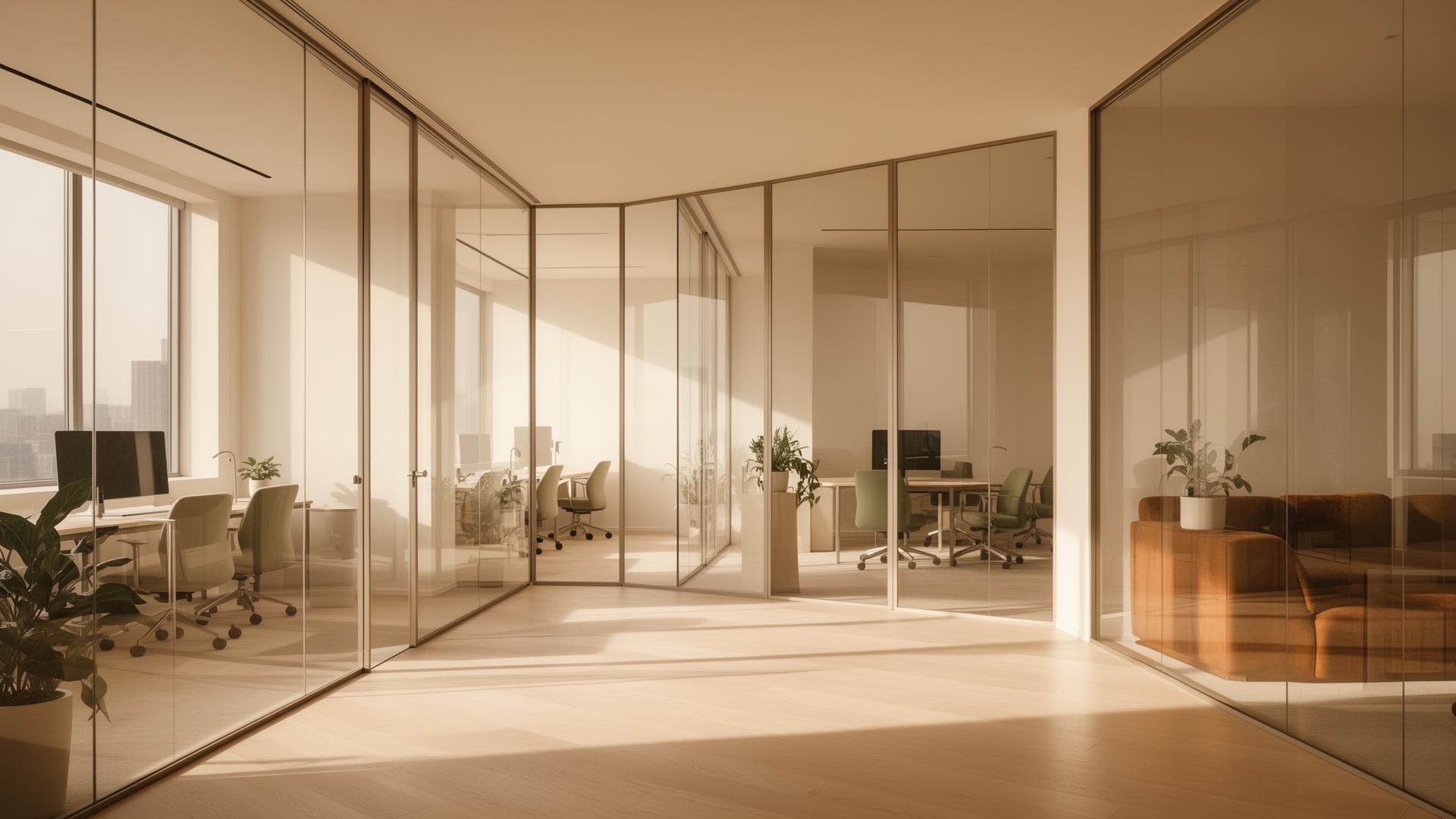 Lean Luxury Coworking Space mit Glastrennwänden und Holzboden
